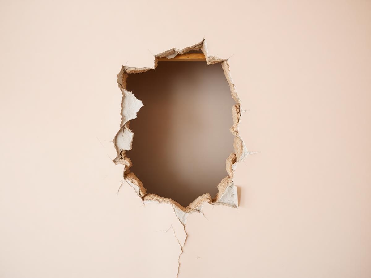 Large jagged hole in interior drywall before repair in a San Diego home