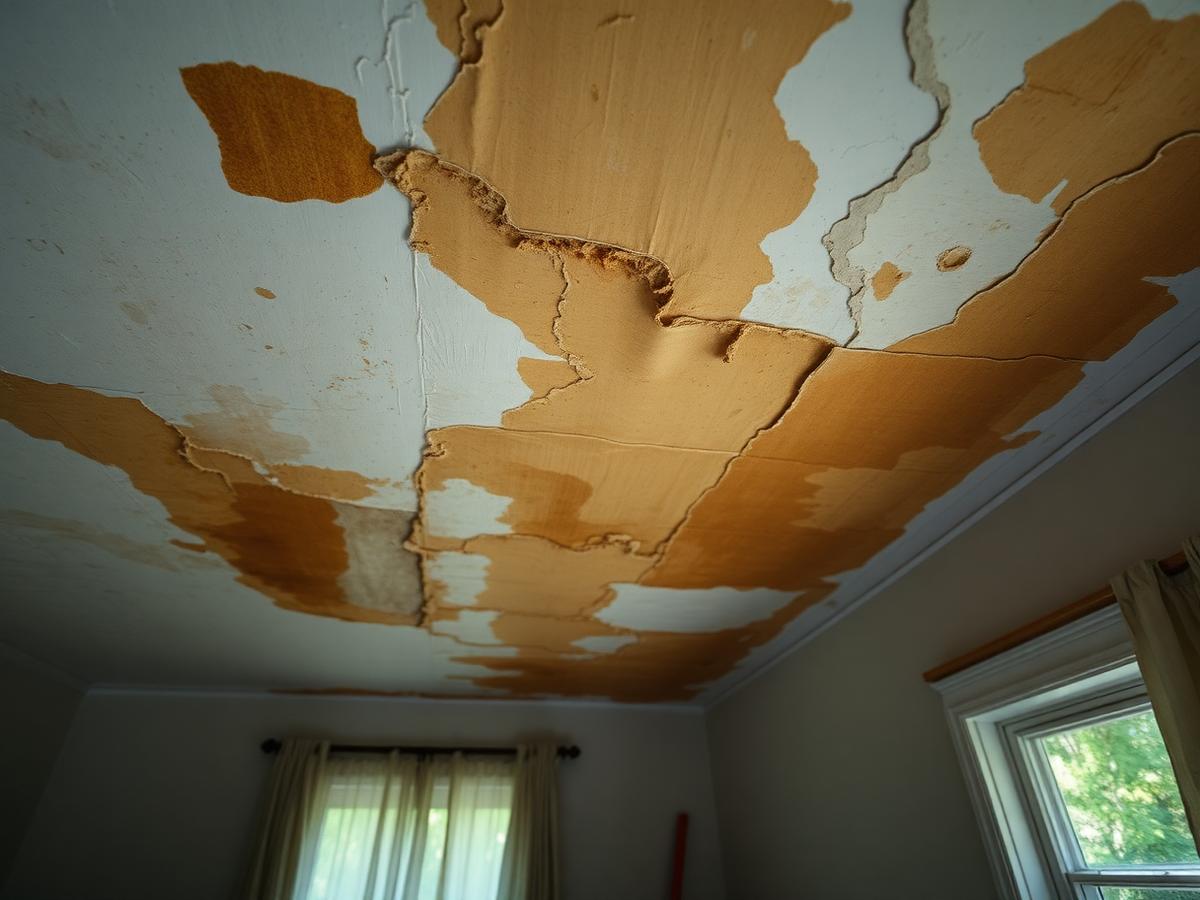 Water damaged ceiling drywall with brown stains before water damage drywall repair in San Diego